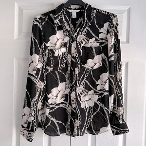 White House Black Market Black Floral Long Sleeve Blouse Size 14
